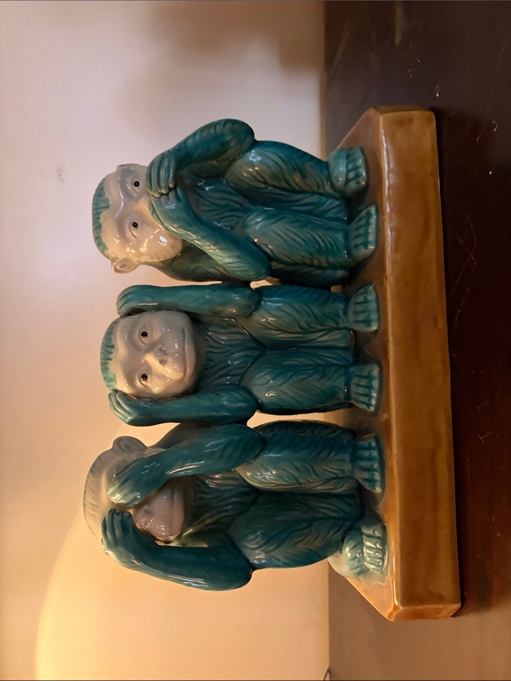 Three Wise Monkeys Ceramic Figurine - Teal and Cream